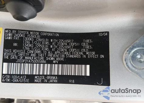 2005 Toyota Highlander Limited V6 from USA, damaged, VIN JTEDP21A750055886